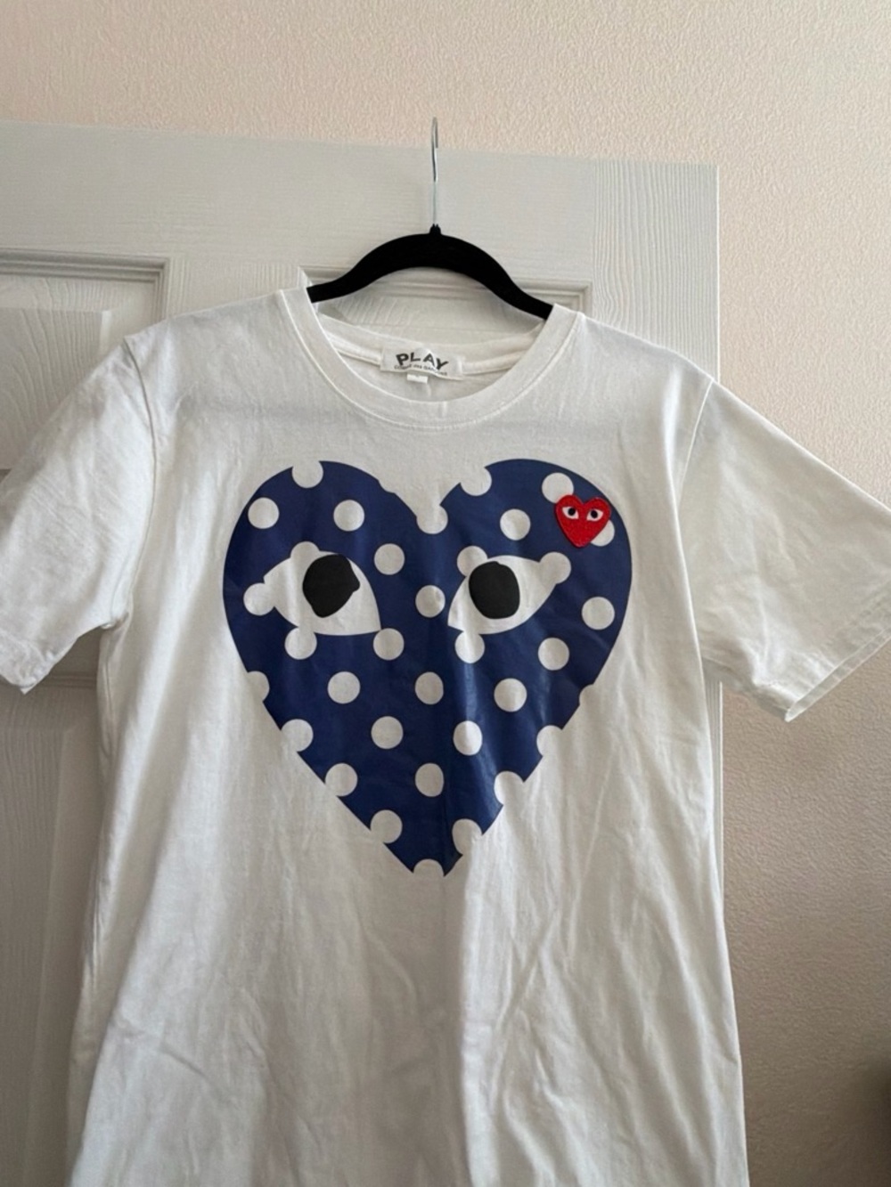 Comme des Garcons White Tee with Navy Polka Dot Heart and Red Heart Accent